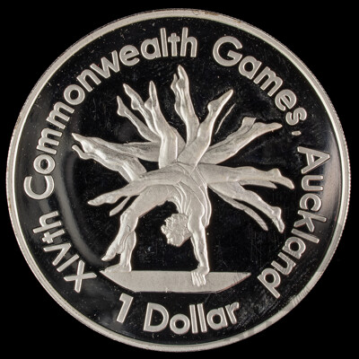 New Zealand 1989 Silver Proof One Dollar Coin, Commonwealth Games Gymnast .925