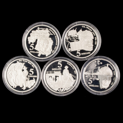 Australian 1995 Masterpieces in Silver Five Silver Proof Five Dollar Coins, Colonial Australia .925