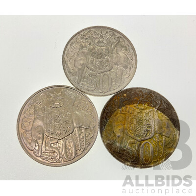 Three Australian 1966 Round Silver Fifty Cent Coins .800