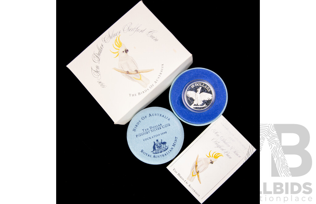 Australian RAM 1990 Silver Piedford Ten Dollar Coin, Birds of Australia Cockatoo .925