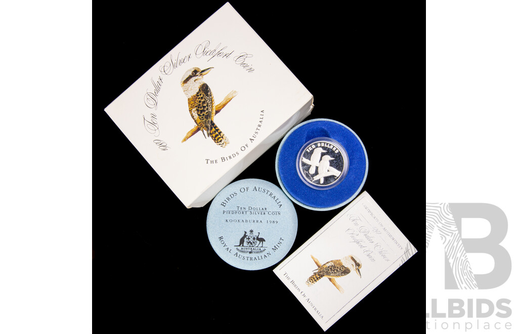 Australian RAM 1989 Silver Piedford Ten Dollar Coin, Birds of Australia Kookaburra .925