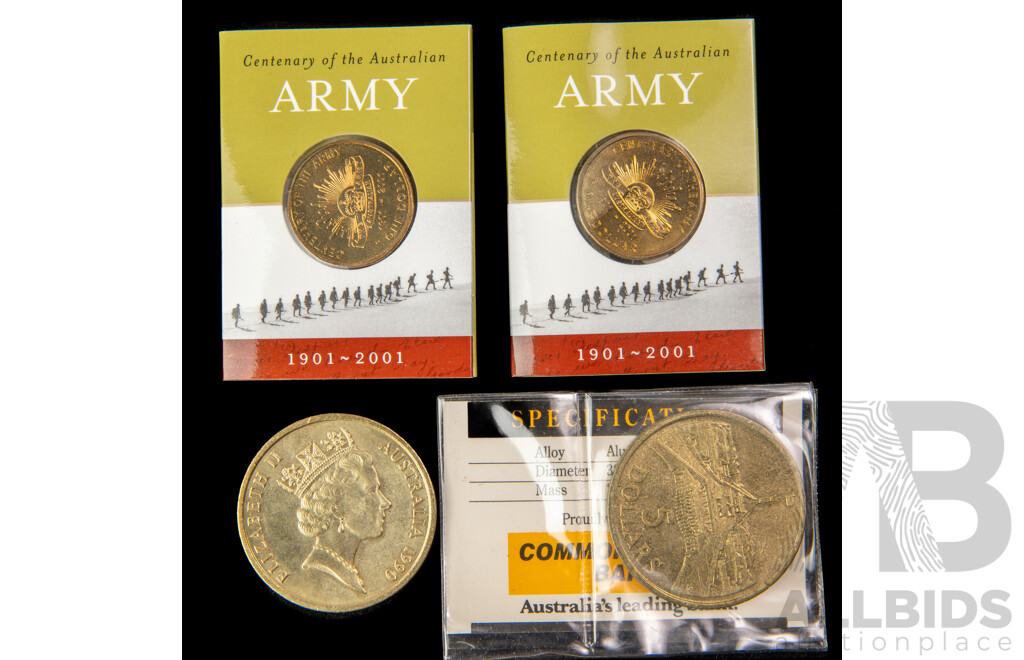 Australian Commemorative 1988 and 1990 Five Dollar Coins with Two 2001 One Dollars, Army Centenary C Mint Marks