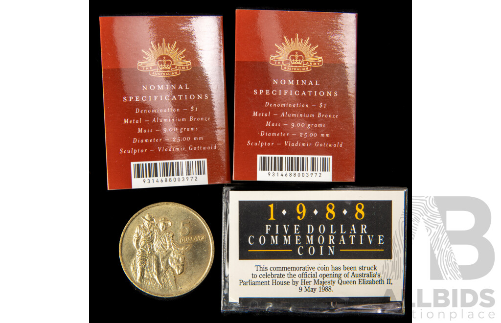Australian Commemorative 1988 and 1990 Five Dollar Coins with Two 2001 One Dollars, Army Centenary C Mint Marks