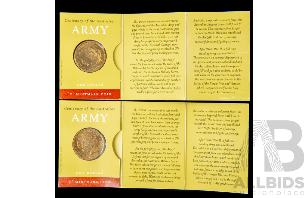 Australian Commemorative 1988 and 1990 Five Dollar Coins with Two 2001 One Dollars, Army Centenary C Mint Marks
