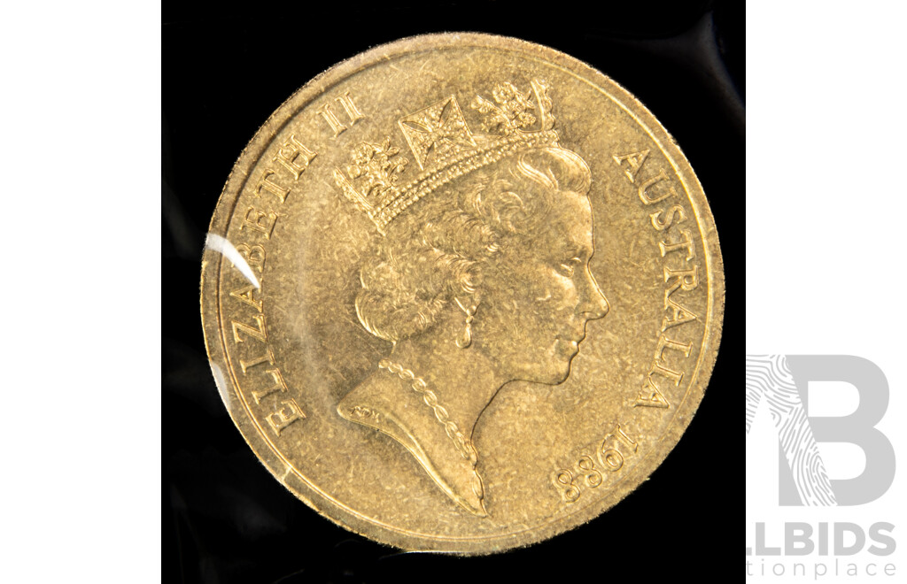 Australian Commemorative 1988 and 1990 Five Dollar Coins with Two 2001 One Dollars, Army Centenary C Mint Marks