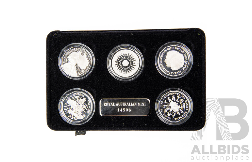 Australian RAM Masterpieces in Silver, Five Silver Commemorative Fifty Cent Coins, 1970, 1977, 1981, 1982 1989 .925