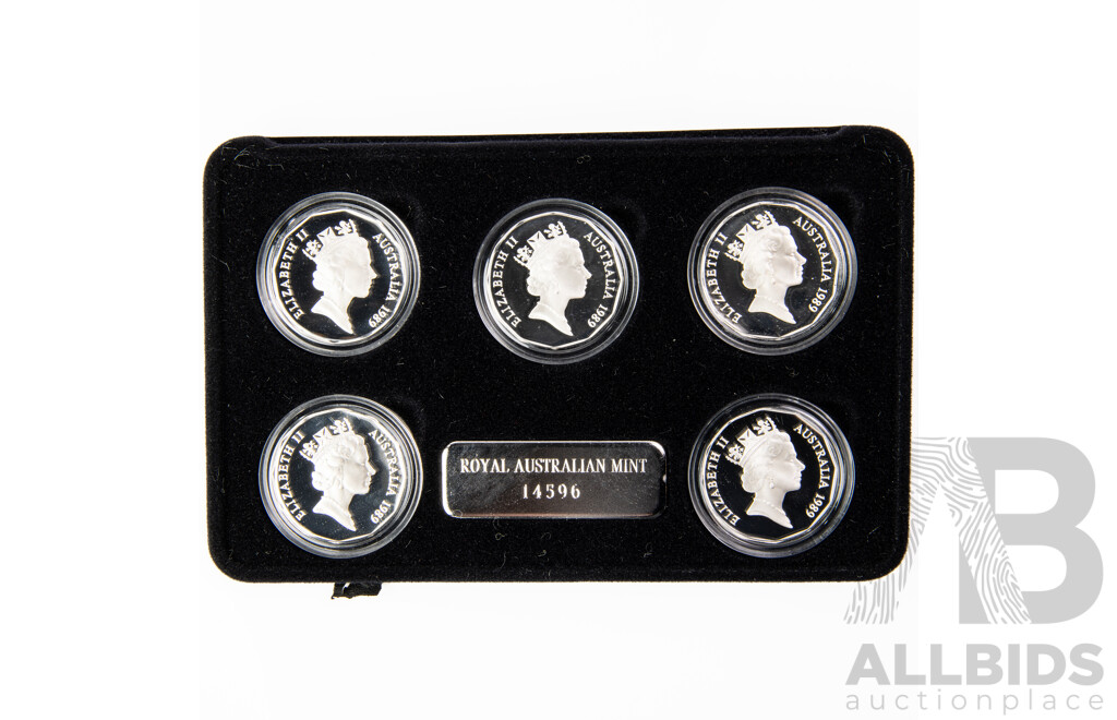 Australian RAM Masterpieces in Silver, Five Silver Commemorative Fifty Cent Coins, 1970, 1977, 1981, 1982 1989 .925
