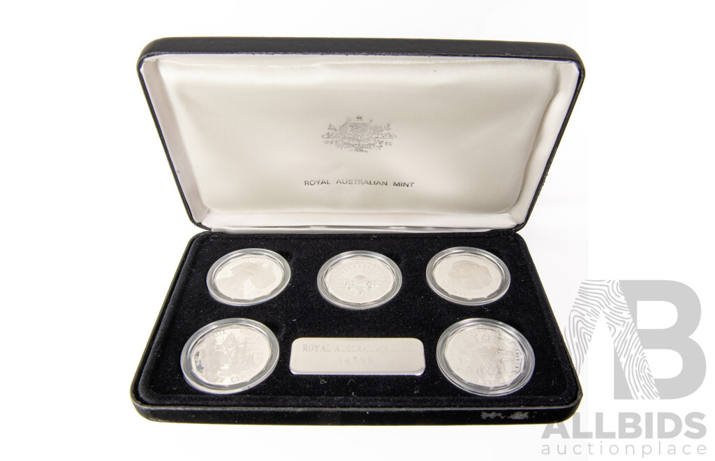 Australian RAM Masterpieces in Silver, Five Silver Commemorative Fifty Cent Coins, 1970, 1977, 1981, 1982 1989 .925