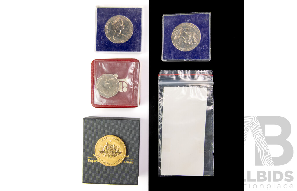 Australian DVA 60th Anniversary End of WW2 Medallion, 1961 Penny, New Zealand 1970 UNC One Dollars, UK 1973 Fifty Pence Commemorative