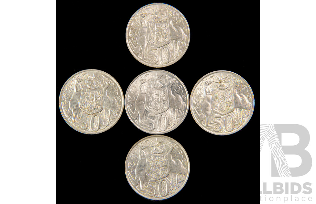 Five Australian 1966 Round Silver Fifty Cent Coins .800