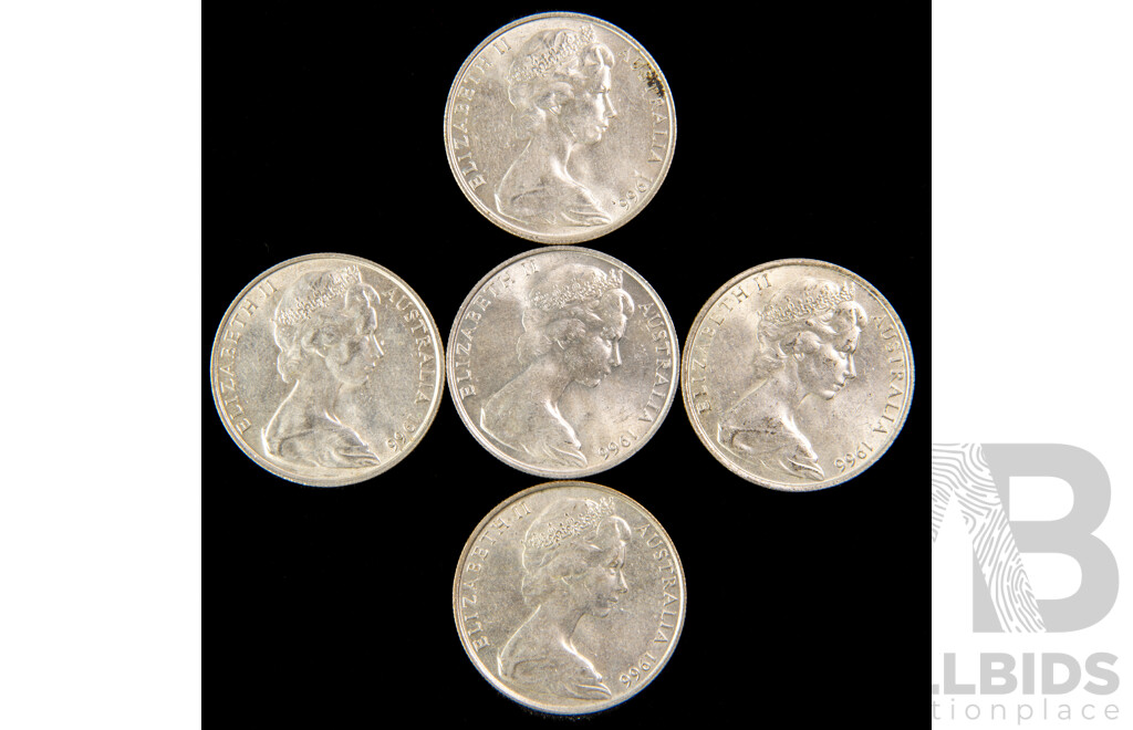 Five Australian 1966 Round Silver Fifty Cent Coins .800