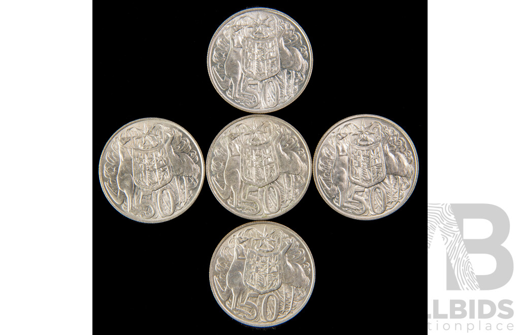 Five Australian 1966 Round Silver Fifty Cent Coins .800