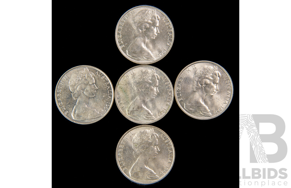 Five Australian 1966 Round Silver Fifty Cent Coins .800