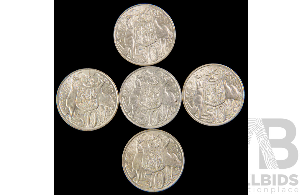 Five Australian 1966 Round Silver Fifty Cent Coins .800