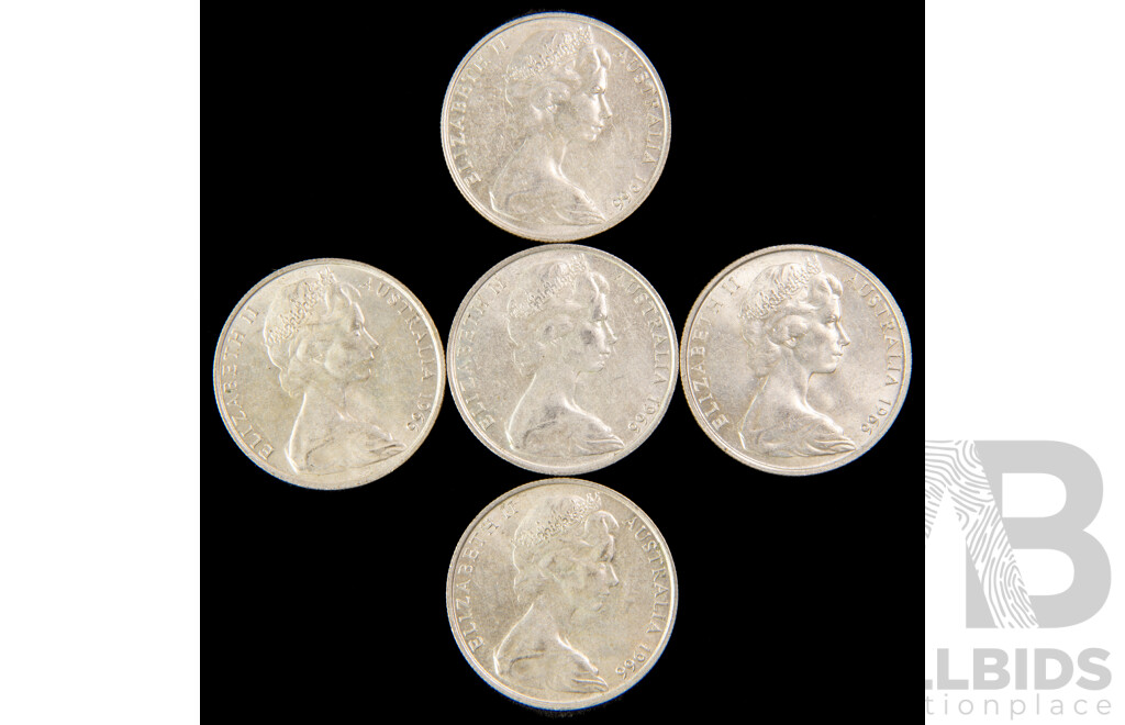 Five Australian 1966 Round Silver Fifty Cent Coins .800