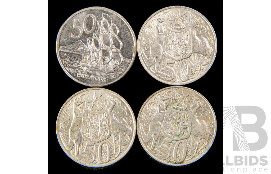 Three Australian 1966 Round Silver Fifty Cent Coins .800 with 1988 New Zealand Fifty Cent