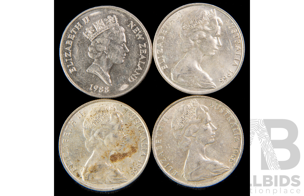 Three Australian 1966 Round Silver Fifty Cent Coins .800 with 1988 New Zealand Fifty Cent