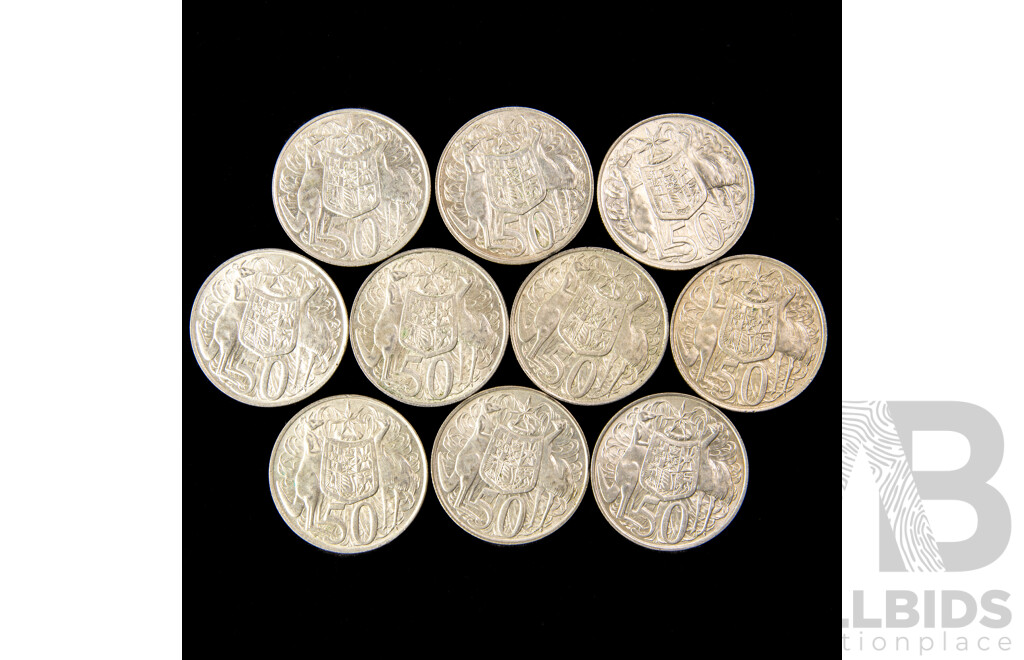 Ten Australian 1966 Round Silver Fifty Cent Coins .800