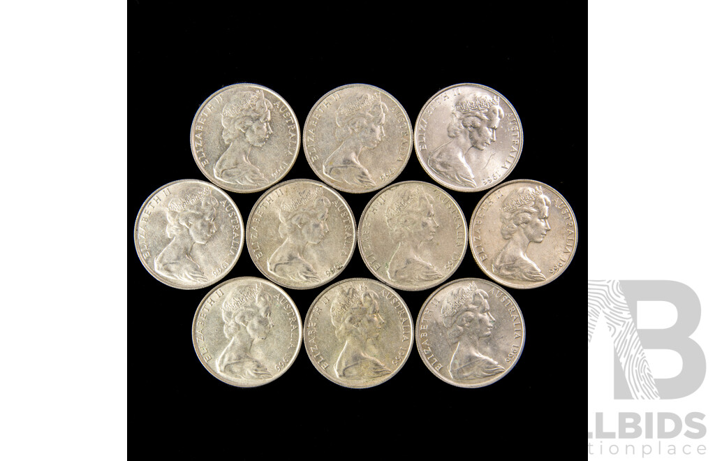 Ten Australian 1966 Round Silver Fifty Cent Coins .800