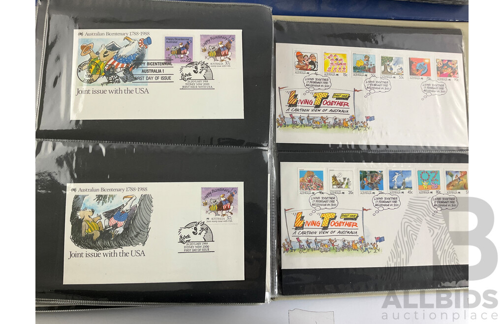 Two Albums of Australian 1987-1988 First Day Covers and Stamp Packs Including Stamp Collector Cards Bicentennial, Expo, Living Together, Gardens of Australia
