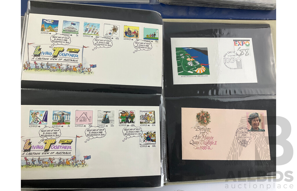 Two Albums of Australian 1987-1988 First Day Covers and Stamp Packs Including Stamp Collector Cards Bicentennial, Expo, Living Together, Gardens of Australia
