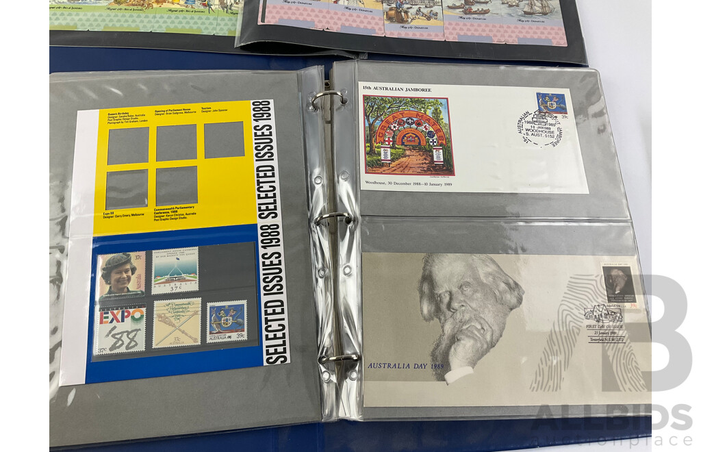 Two Albums of Australian 1987-1988 First Day Covers and Stamp Packs Including Stamp Collector Cards Bicentennial, Expo, Living Together, Gardens of Australia