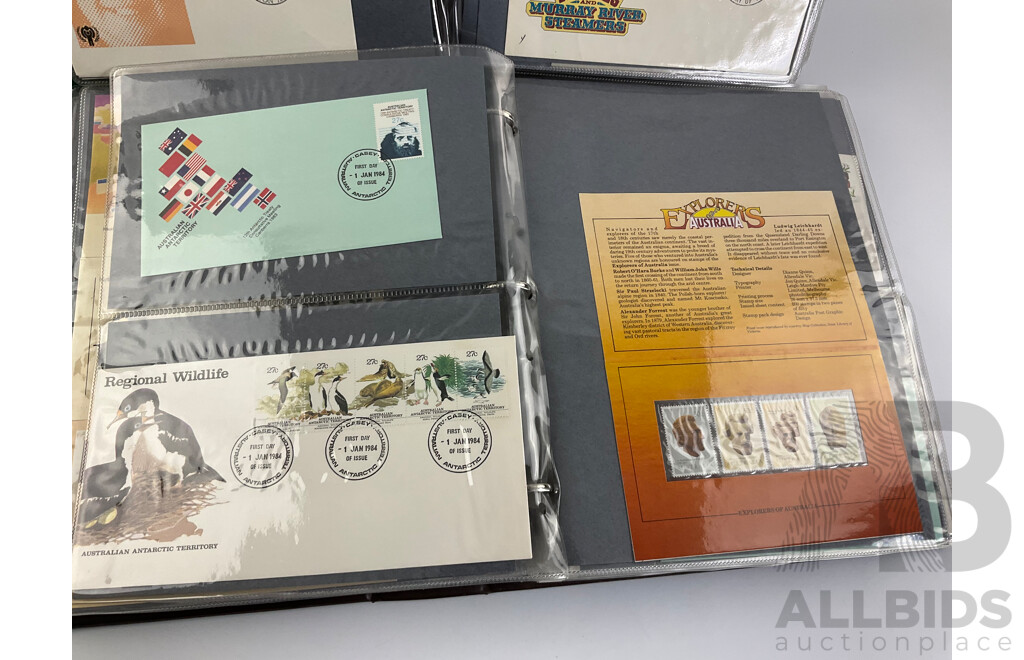Two Albums of Australian 1970-80's First Day Covers and Stamp Packs Including 1984 Christmas, AUSIPEX, Conservation, Selected Issues, 1982 QE2 Birthday, Antarctic Territory and More