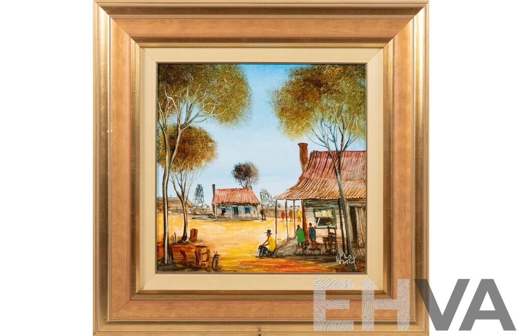 Pro Hart, (20th Century, Australian, 1928-2006), Country Town, Oil on Board, 48 x 48 cm (frame)