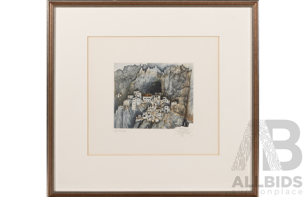 Jörg Schmeisser, (20th Century, German-Australian, 1942-2012), Phuktal Monastery, Northern India (1985), Hand Coloured Etching, 39.5 x 42 cm (frame)
