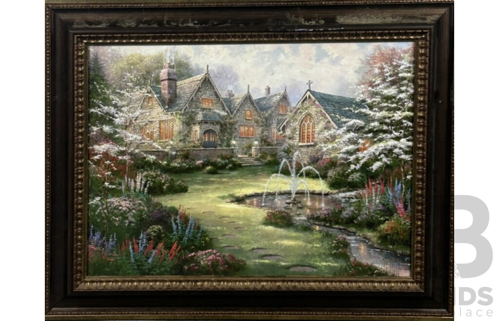 Thomas Kinkade, (20th Century, American, 1958-2012), Peaceful Church Courtyard, Quality Reproduction Canvas Colour Print of Original, 62 x 77 cm (frame)
