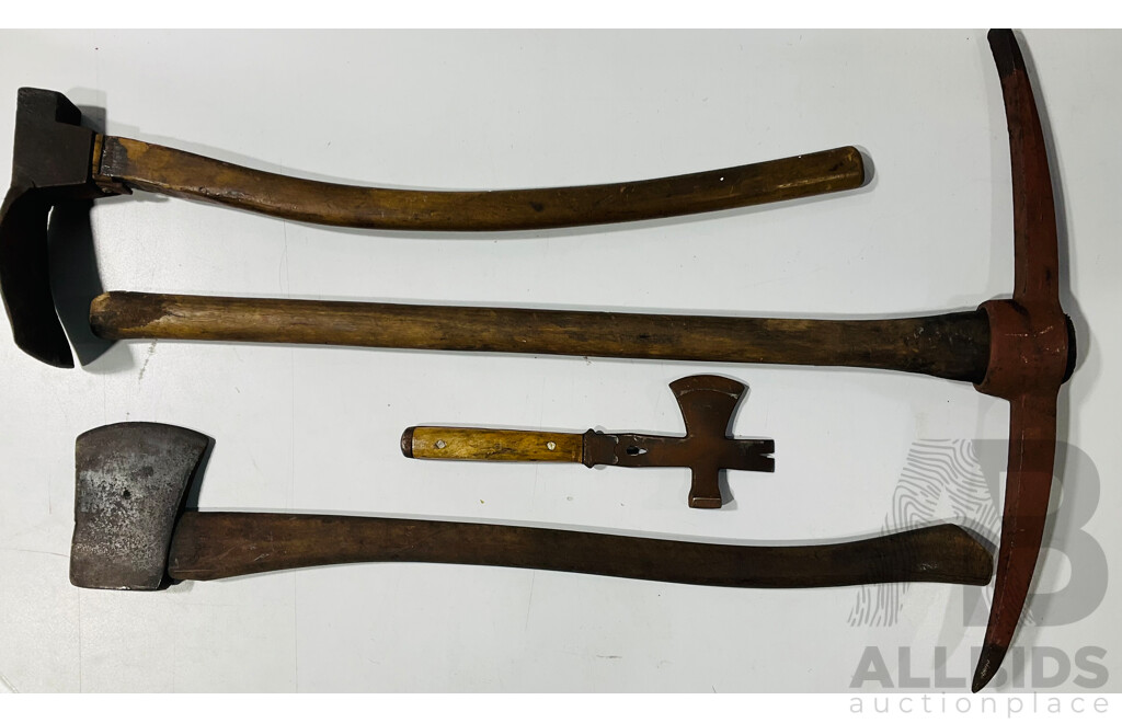 Collection of Vintage Tools Including Axe, Pickaxe, Hoe and Combination Axe/hammer Tool
