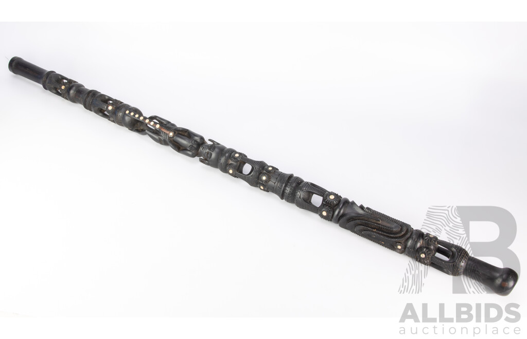 Vintage Carved Tribal Trobriand Island Ebony Hardwood Staff with Mother of Pearl Inlay