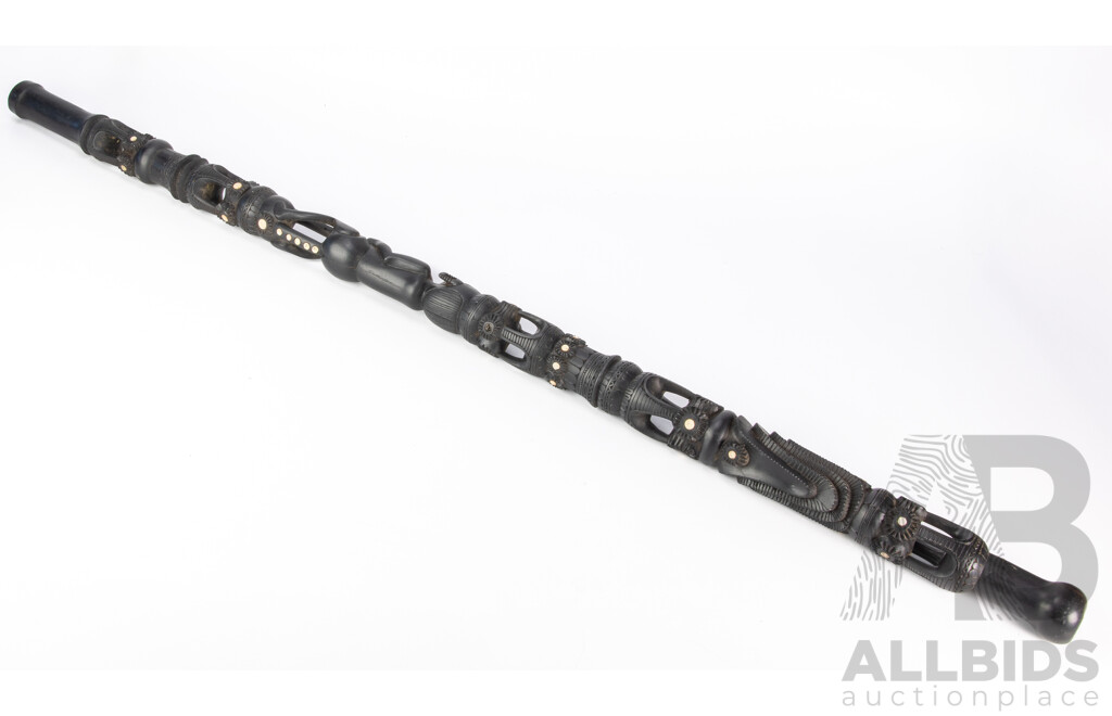 Vintage Carved Tribal Trobriand Island Ebony Hardwood Staff with Mother of Pearl Inlay
