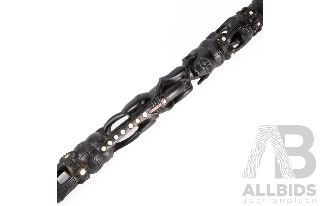 Vintage Carved Tribal Trobriand Island Ebony Hardwood Staff with Mother of Pearl Inlay