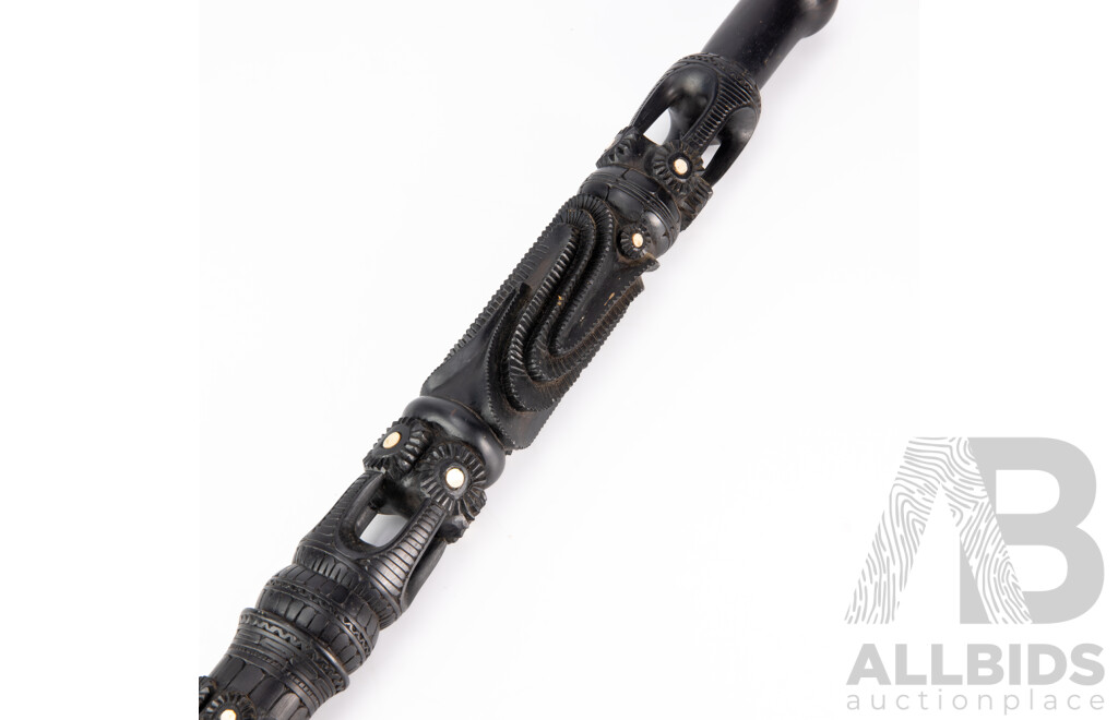 Vintage Carved Tribal Trobriand Island Ebony Hardwood Staff with Mother of Pearl Inlay