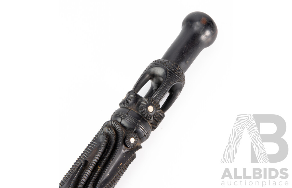 Vintage Carved Tribal Trobriand Island Ebony Hardwood Staff with Mother of Pearl Inlay