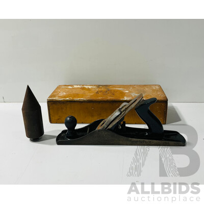 Vintage Stanley Bench Plane with Bespoke Box and Large Plumb Weight