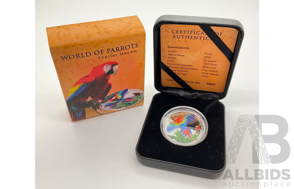 Cook Island 2016 Silver Proof 3D Five Dollar Coin, World of Parrots, Scarlet Macaw .925