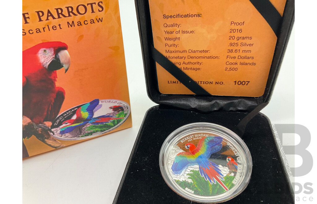 Cook Island 2016 Silver Proof 3D Five Dollar Coin, World of Parrots, Scarlet Macaw .925