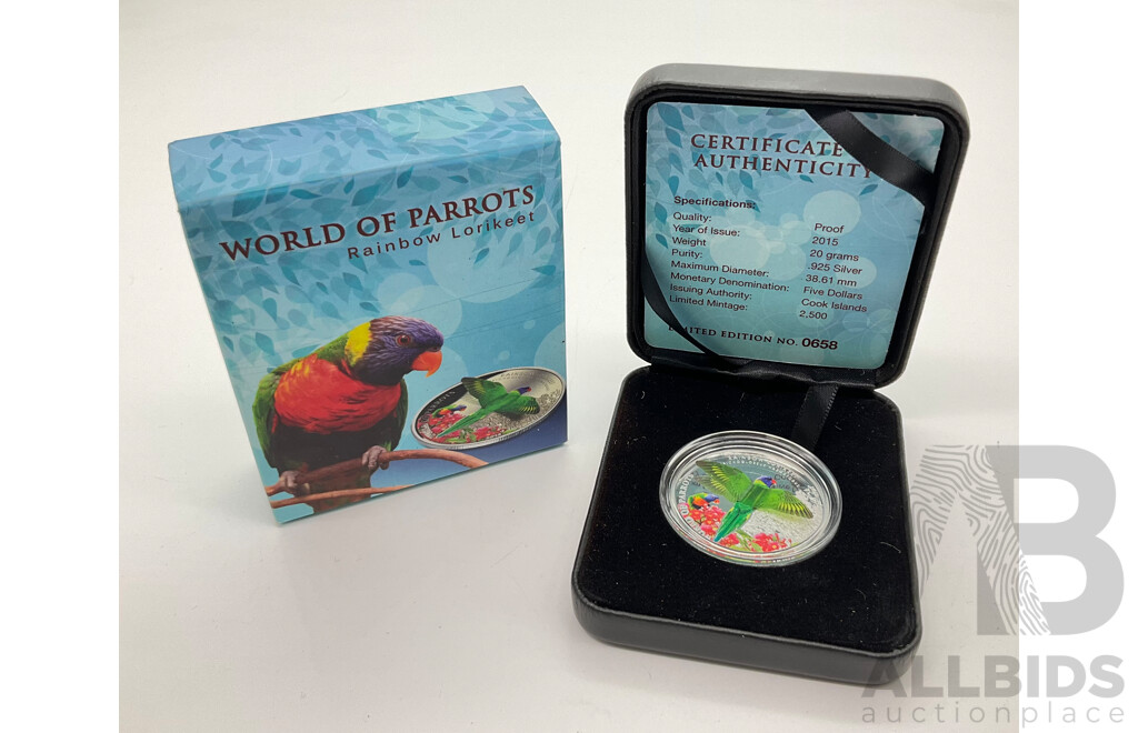 Cook Island 2015 Silver Proof Five Dollar 3D Coin, World of Parrots, Rainbow Lorikeet .925