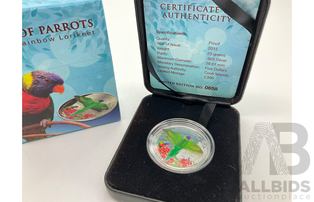 Cook Island 2015 Silver Proof Five Dollar 3D Coin, World of Parrots, Rainbow Lorikeet .925