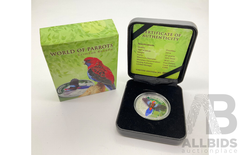 Cook Island 2014 Silver Proof 3D Five Dollar Coin, World of Parrots, Crimson Rosella .925