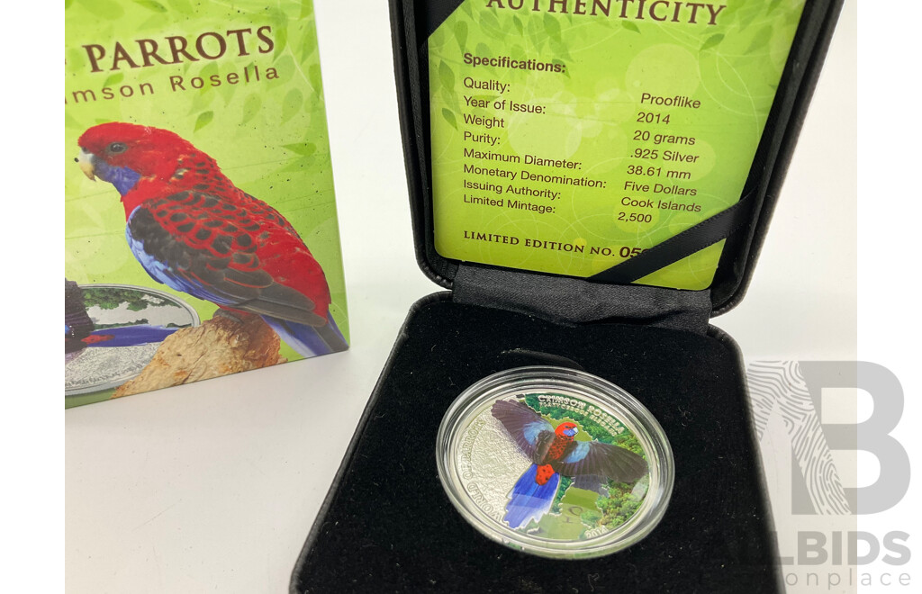Cook Island 2014 Silver Proof 3D Five Dollar Coin, World of Parrots, Crimson Rosella .925