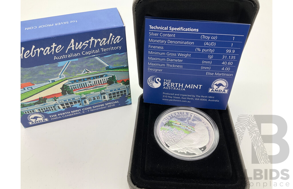 Australian Perth Mint 2011 Silver Proof One Dollar, ANDA Celebrate Australia, Australia Capital Territory .999