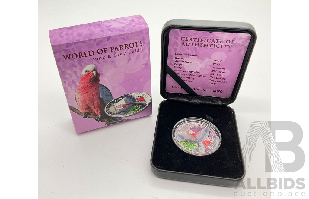 Cook Island 2017 Silver Proof 3D Five Dollar Coin, World of Parrots, Grey Galah .925