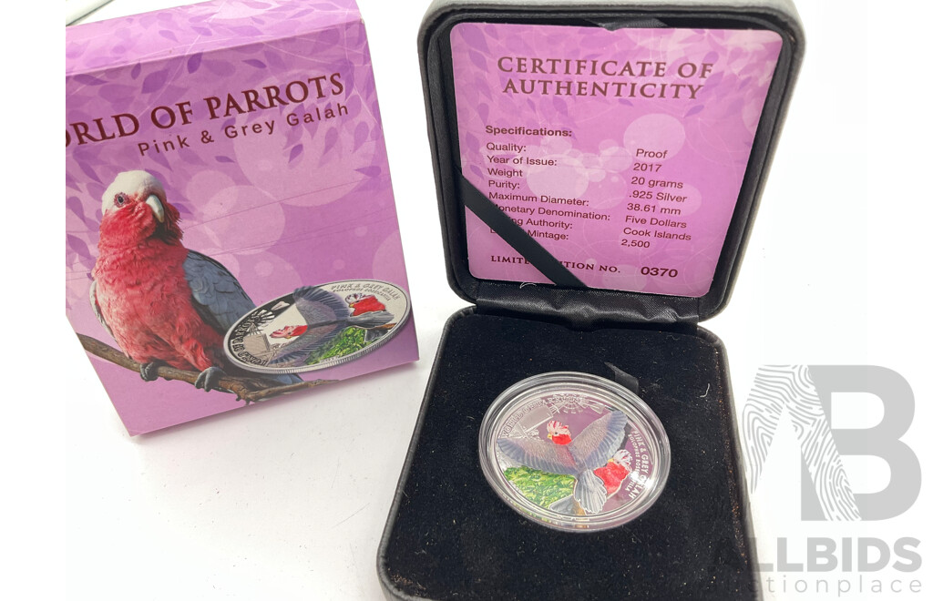 Cook Island 2017 Silver Proof 3D Five Dollar Coin, World of Parrots, Grey Galah .925