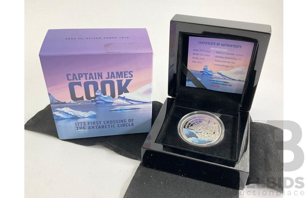 Australian 2023 Silver Proof One Dollar Coin, Captain Cook 1773 Crossing of Antarctic Circle .999