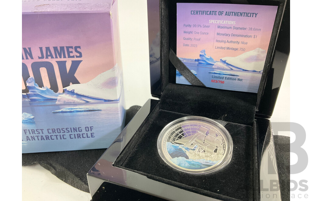 Australian 2023 Silver Proof One Dollar Coin, Captain Cook 1773 Crossing of Antarctic Circle .999
