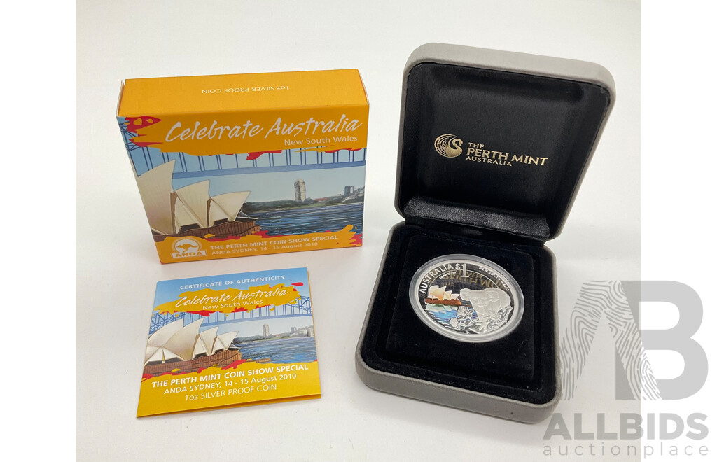 Australian Perth Mint 2010 Silver Proof One Dollar Coin, Celebrate Australia, NSW .999