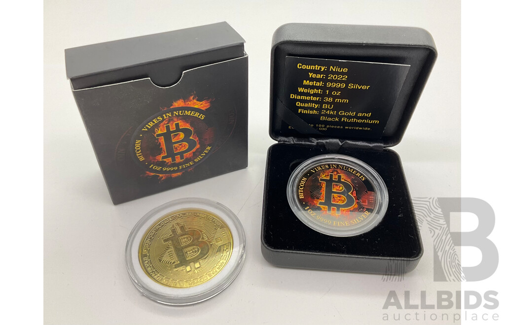 Niue 2022 Silver Bitcoin, 24kt and Ruthenium Finish with Bitcoin Medallion